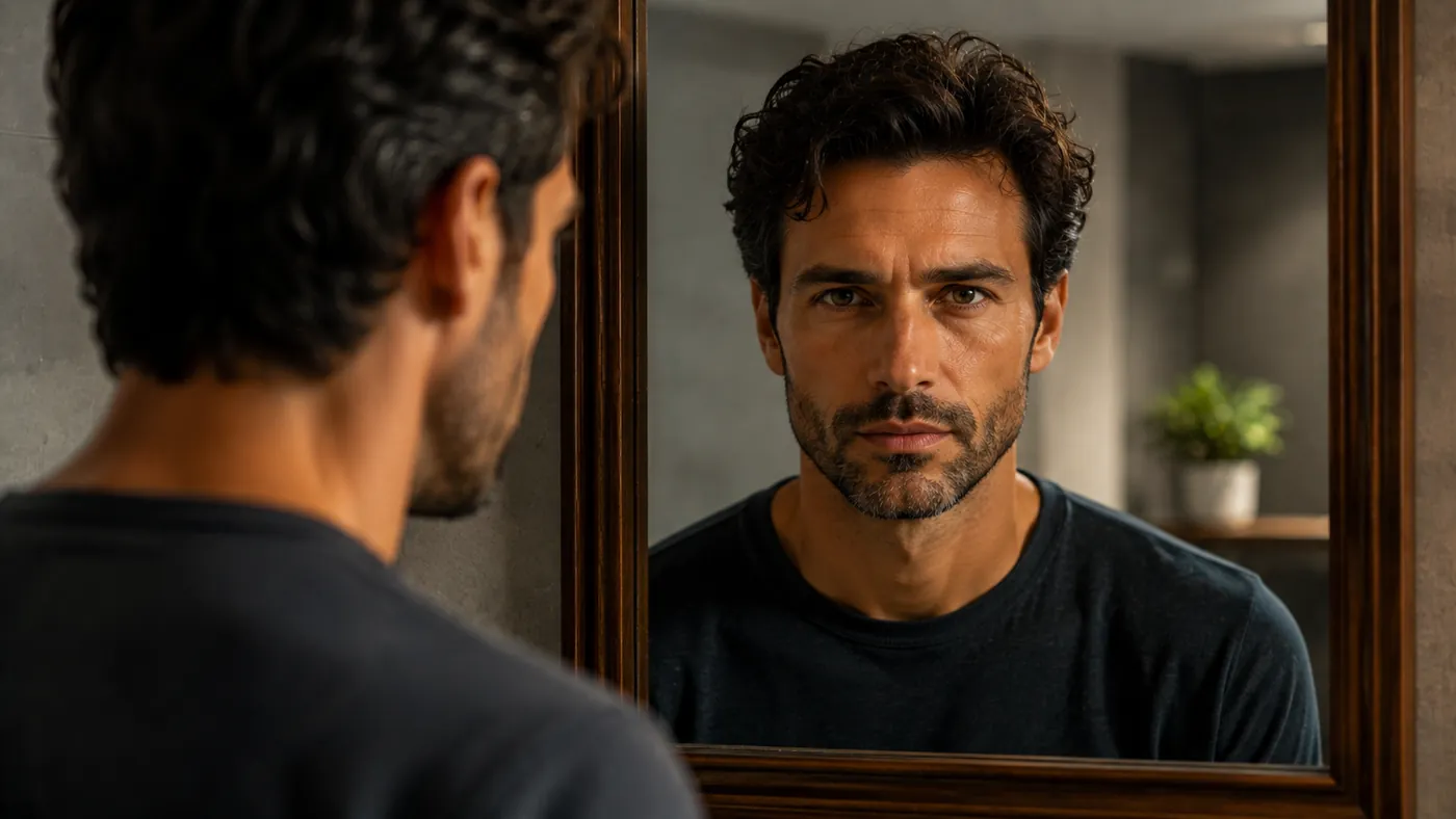 Un hombre frente al espejo sostiene la mirada de su reflejo