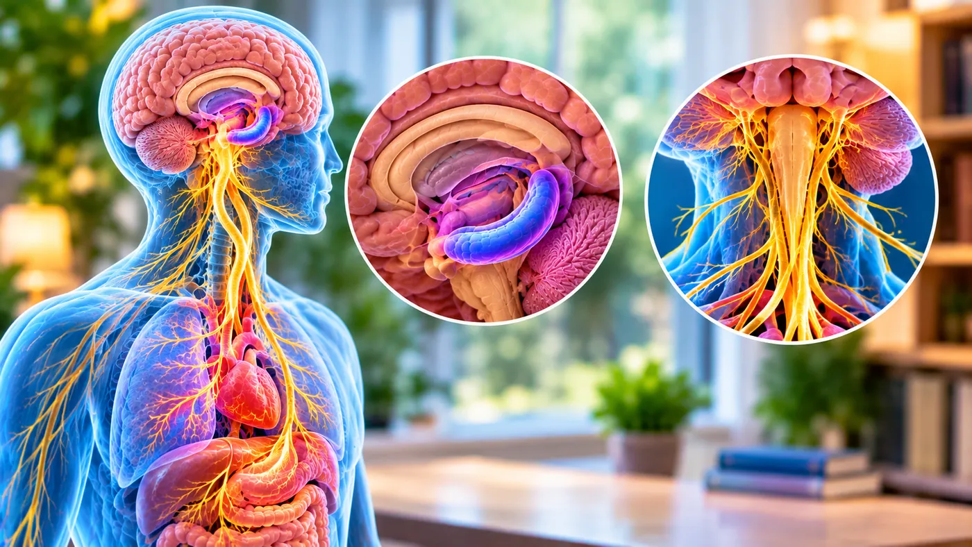 Silueta humana transparente con el nervio vago iluminado bajando desde el cerebro hasta el corazón