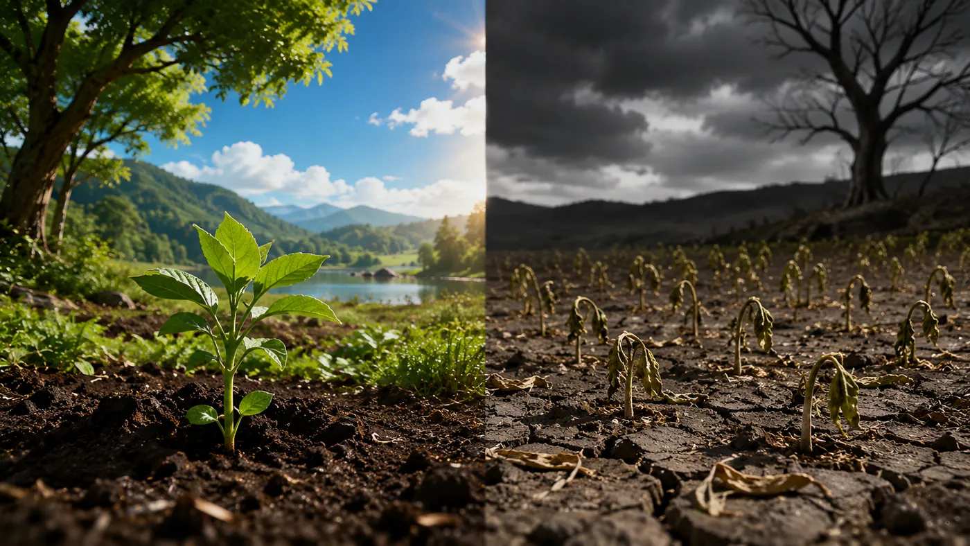 Díptico: a un lado un brote verde en tierra fértil junto a un lago; al otro, plantas secas sobre tierra agrietada