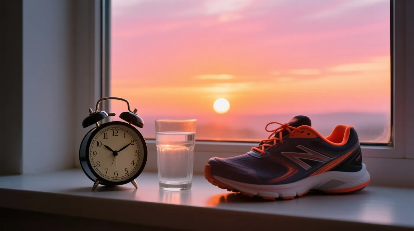 Un despertador antiguo, un vaso de agua y unas zapatillas de deporte en el alféizar de una ventana al amanecer