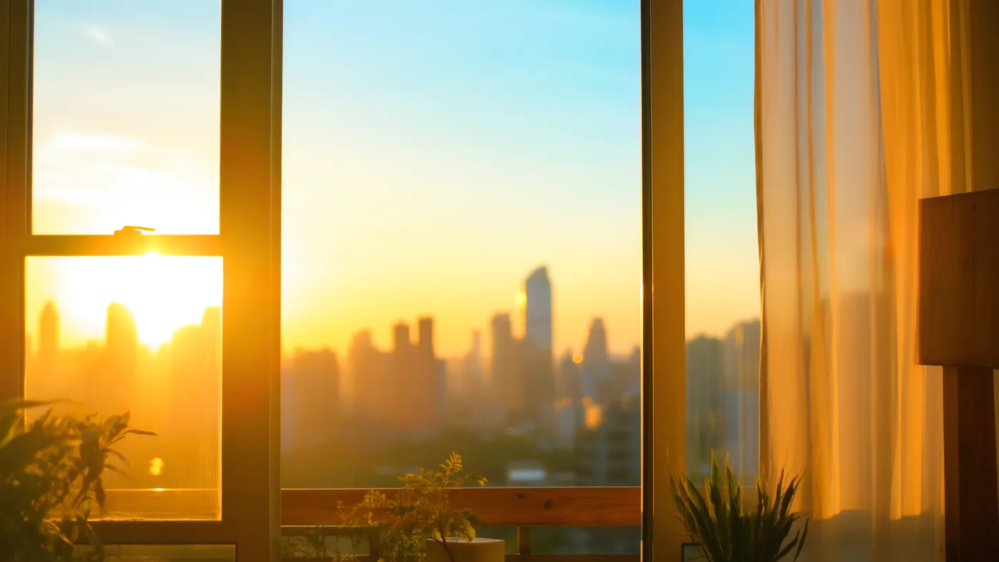 Una ventana con cortinas doradas por la que entra el sol del amanecer sobre la ciudad
