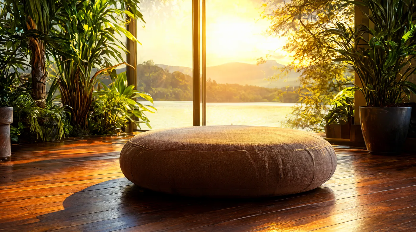 Un cojín de meditación en una sala luminosa abierta al paisaje