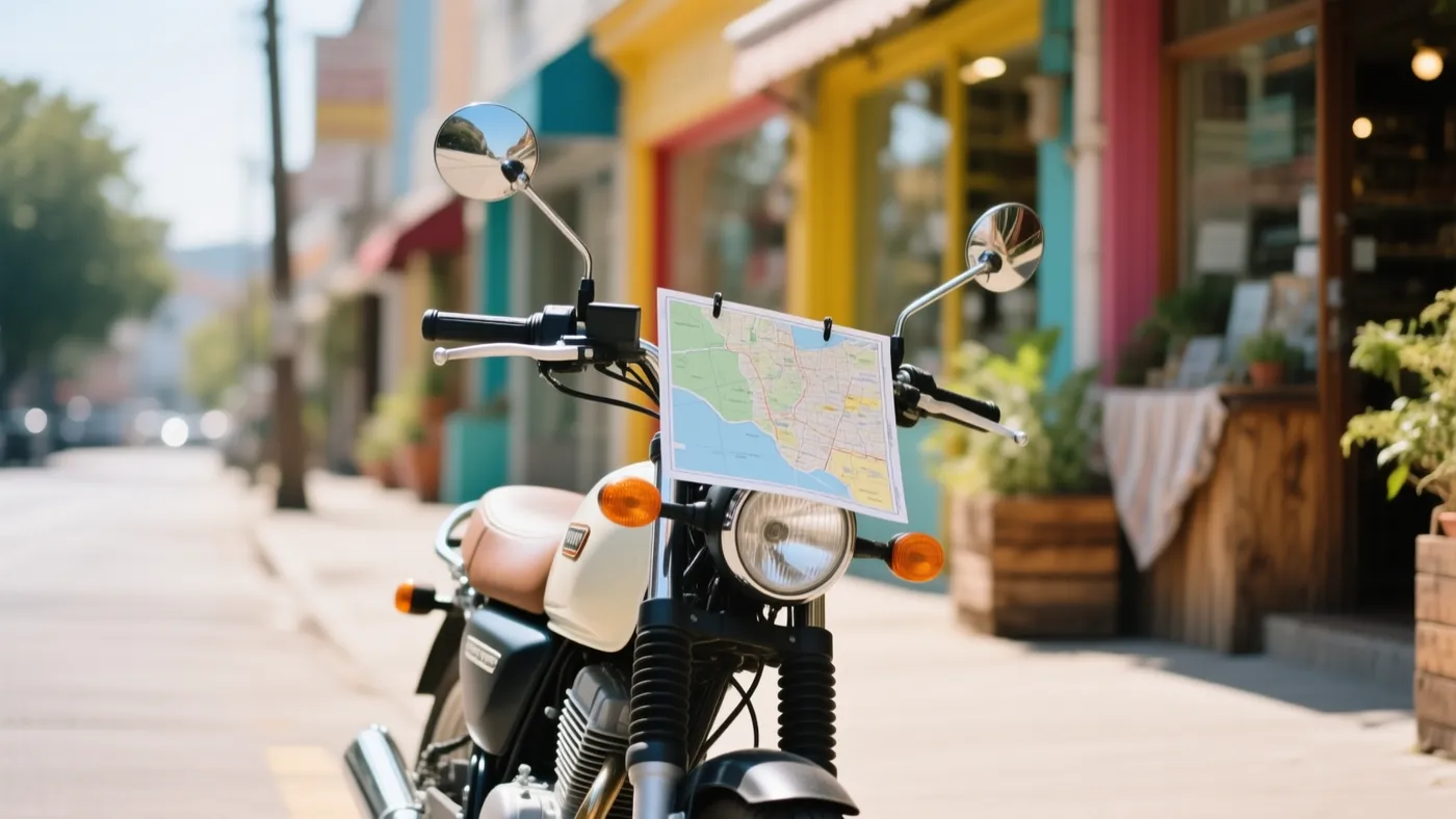 Una moto aparcada en una calle soleada con un mapa sujeto al manillar