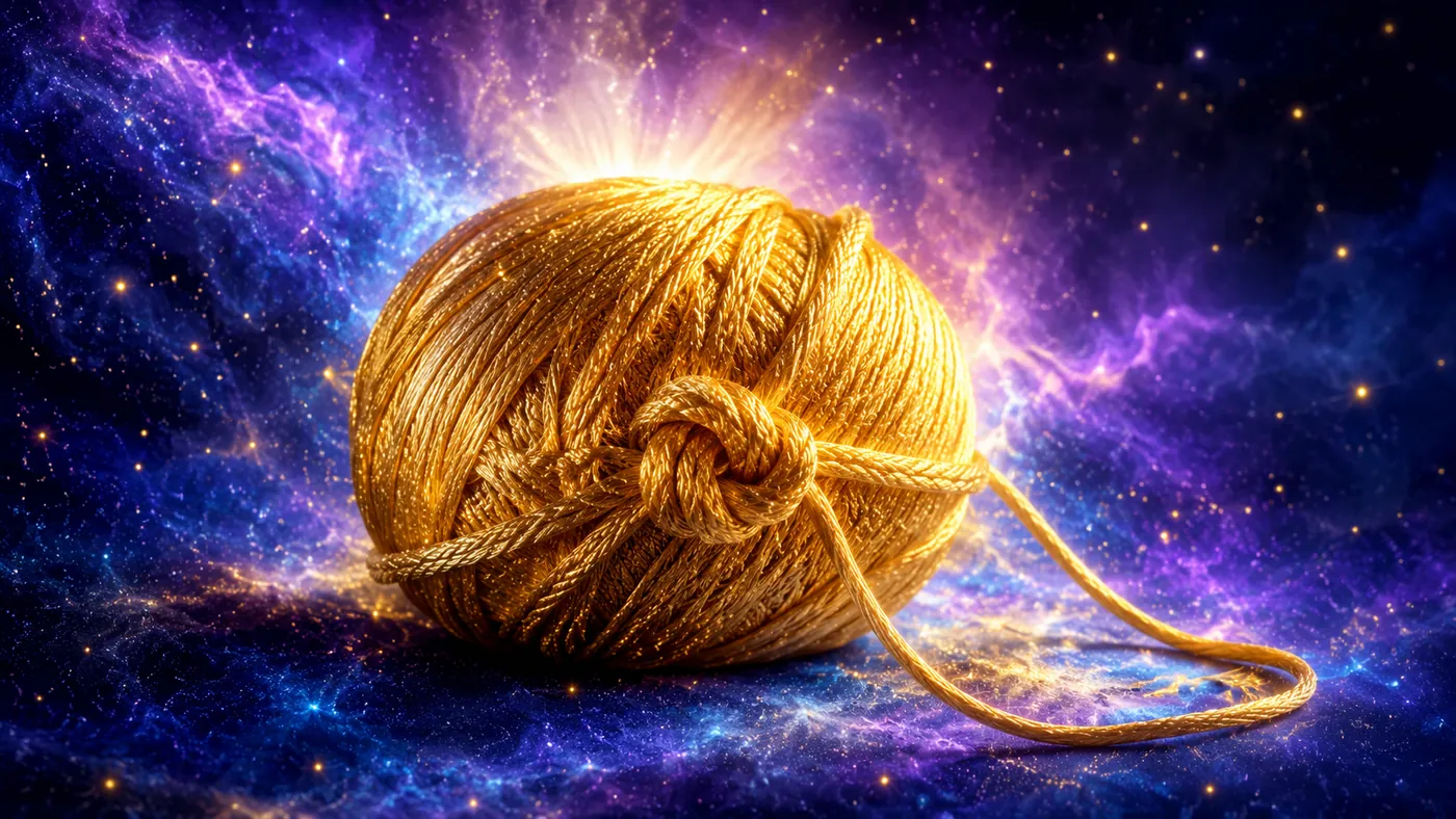 Un ovillo dorado con un nudo que empieza a deshacerse, flotando en un cielo cósmico