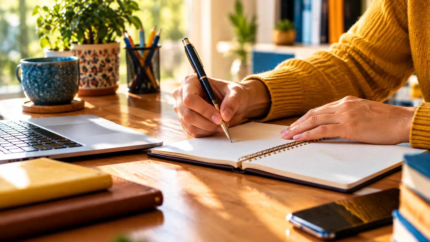 Unas manos escribiendo a mano en un cuaderno sobre una mesa de madera iluminada por el sol