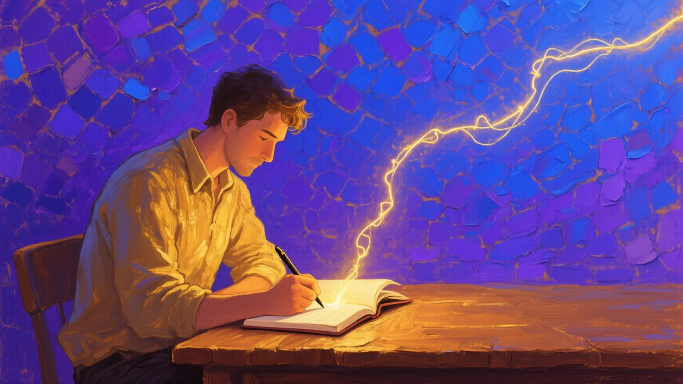 Un hombre escribe con calma mientras una estela de luz sale de su cuaderno