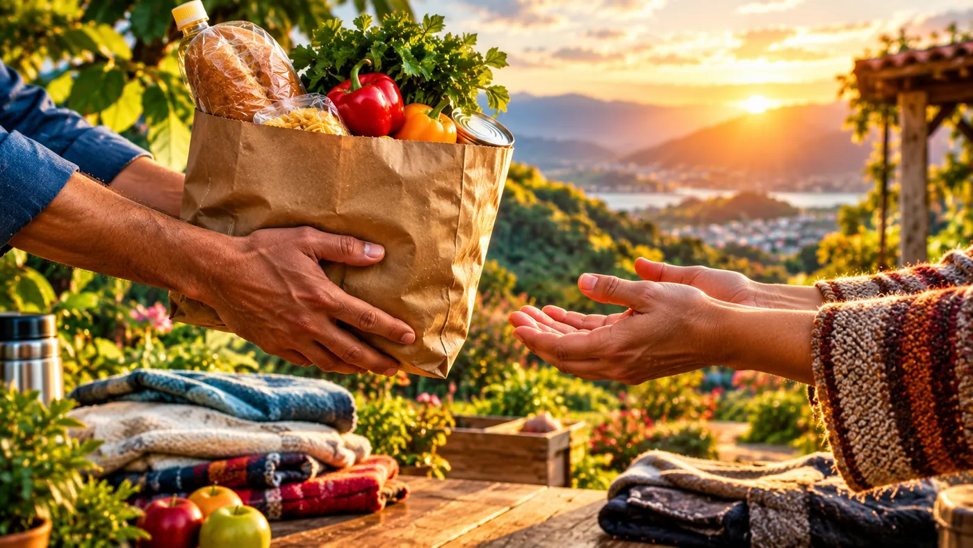 Unas manos entregan una bolsa de papel con pan y verduras a otras manos abiertas, en una terraza al atardecer