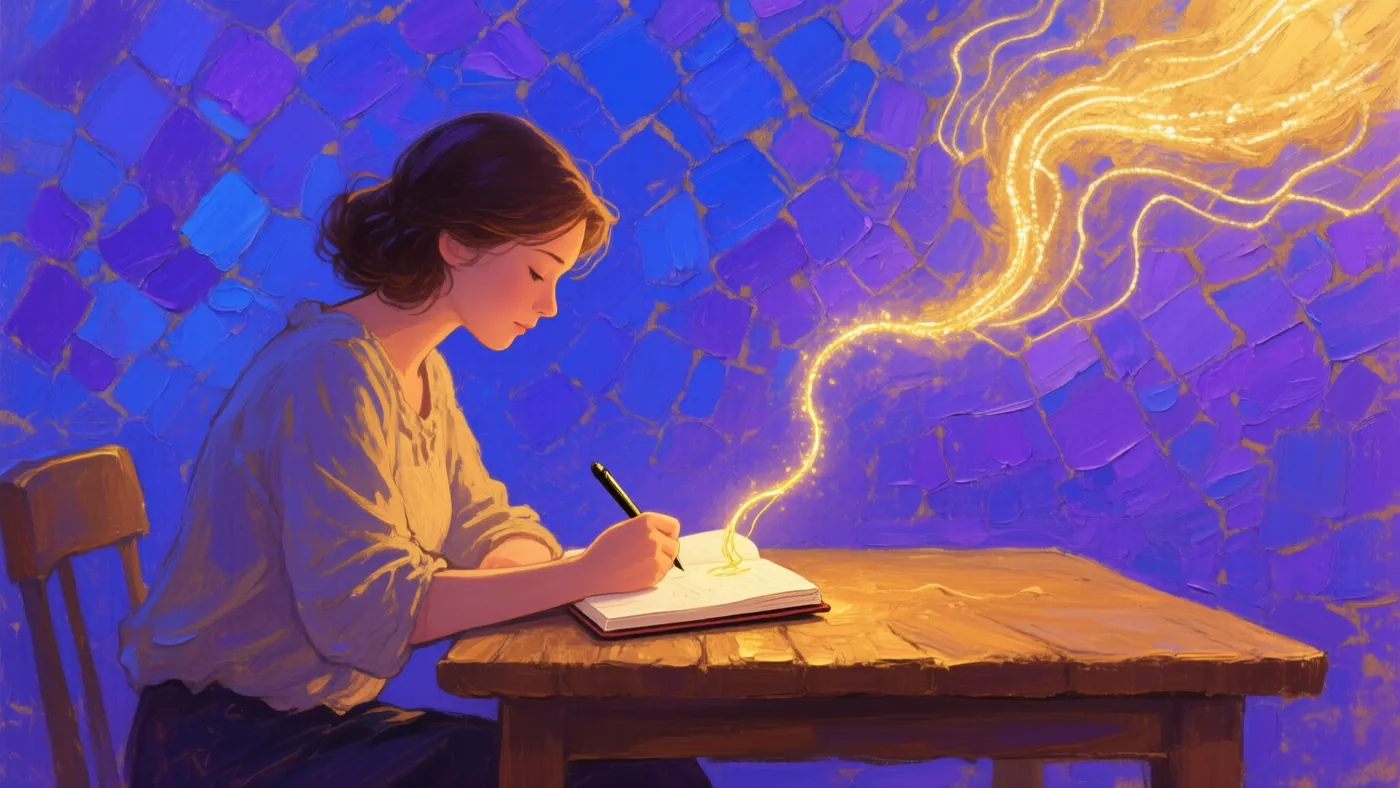 Una mujer escribe a mano en un cuaderno sobre una mesa de madera, y del papel se elevan hilos de luz dorada