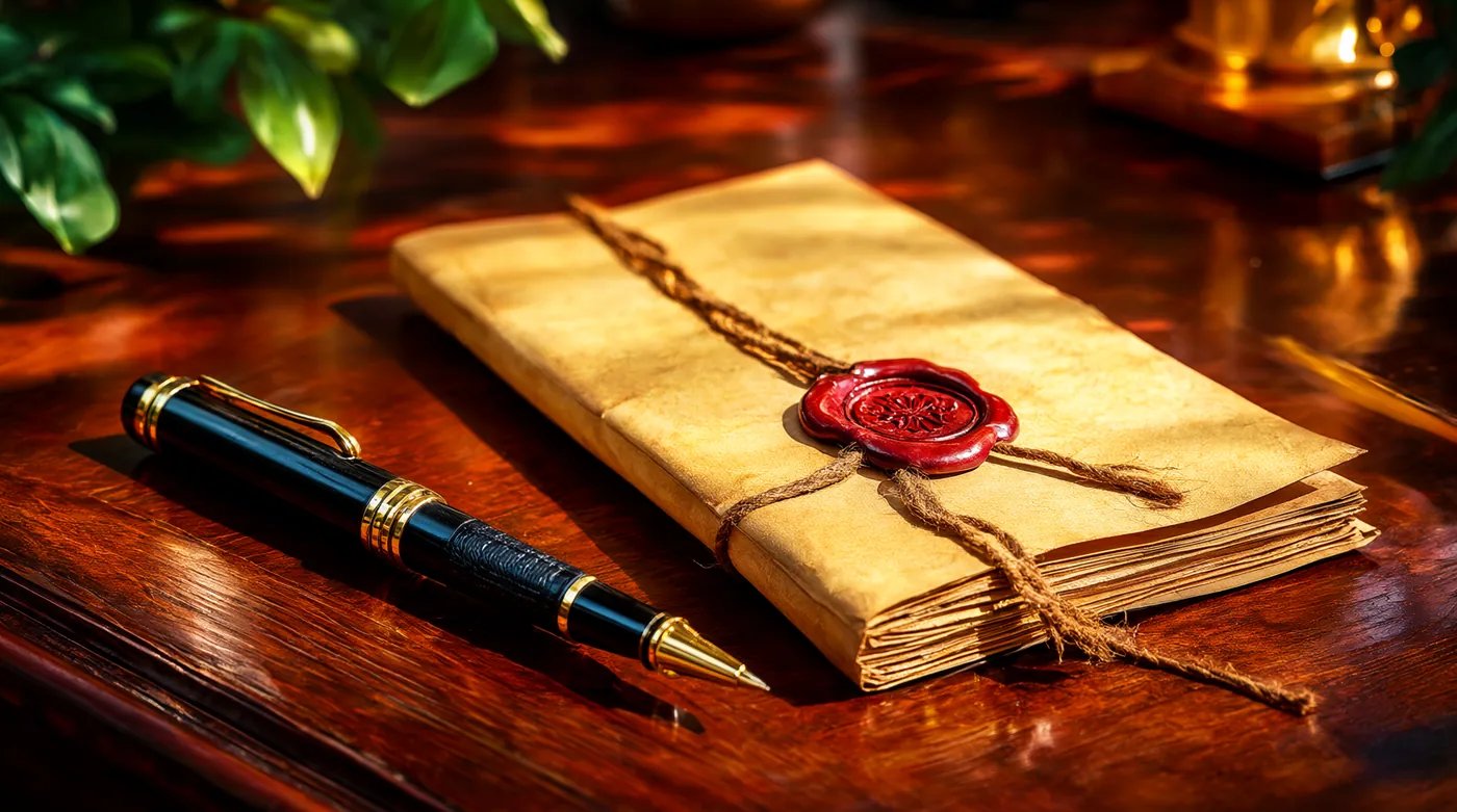 Un sobre atado con cordel, sellado con lacre rojo, junto a una pluma sobre un escritorio de madera