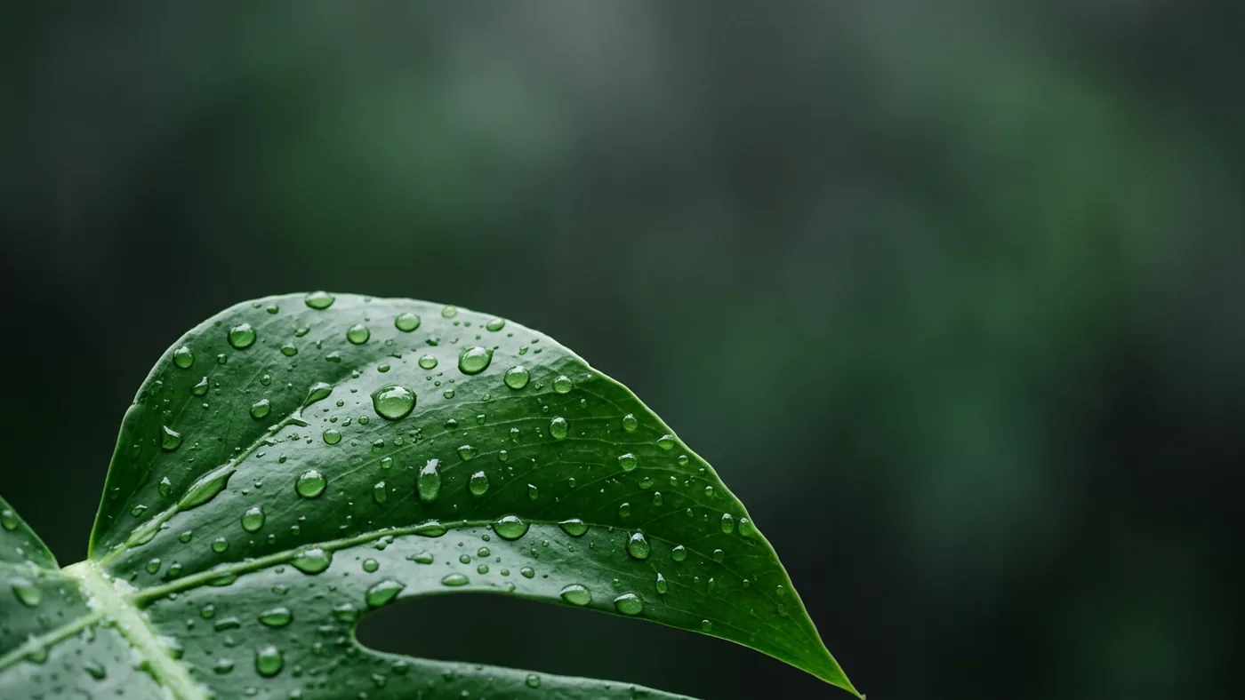 Una hoja verde cubierta de gotas de lluvia, limpia después del agua
