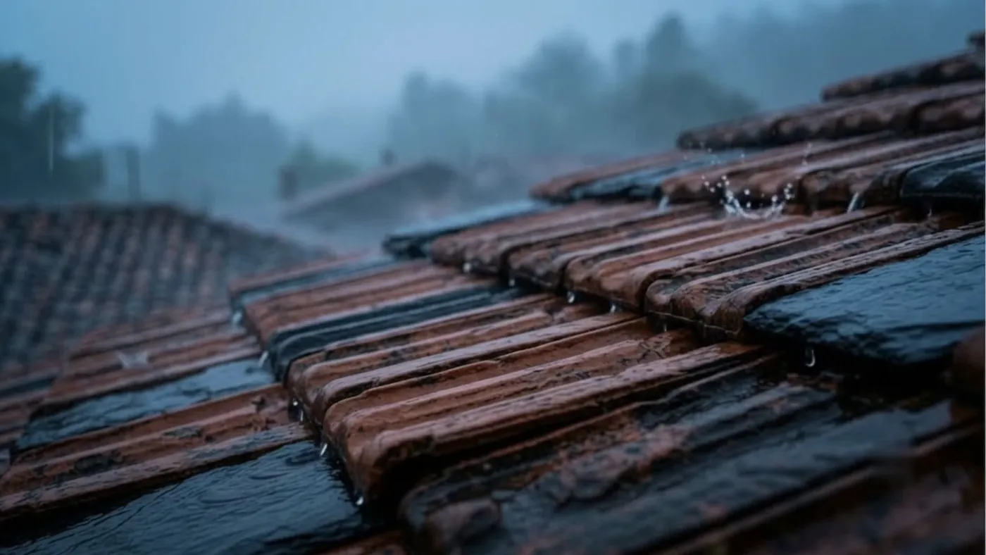 Tejas de barro mojadas bajo la lluvia, con gotas que caen y un fondo de árboles en la bruma