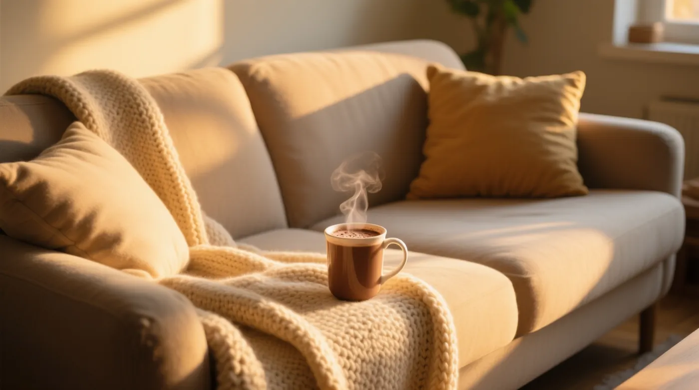 Un sofá con una manta de punto y una taza humeante, bañado por la luz cálida de la tarde