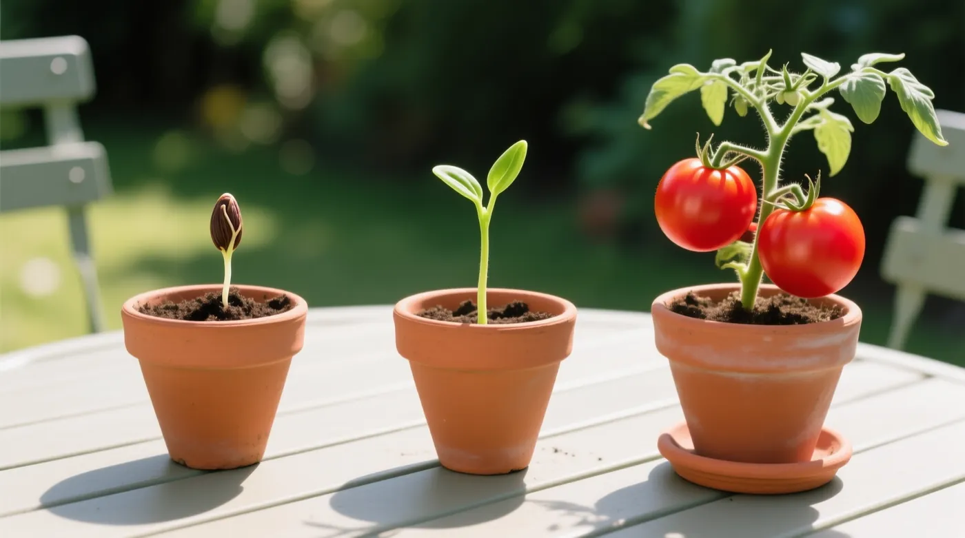 Tres macetas en fila: una semilla que asoma, un brote joven y una tomatera con tomates rojos