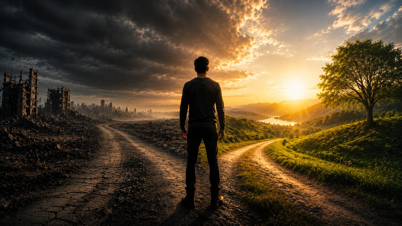 Un hombre de espaldas ante dos caminos: uno seco que lleva a una ciudad en ruinas y otro verde que va hacia el amanecer