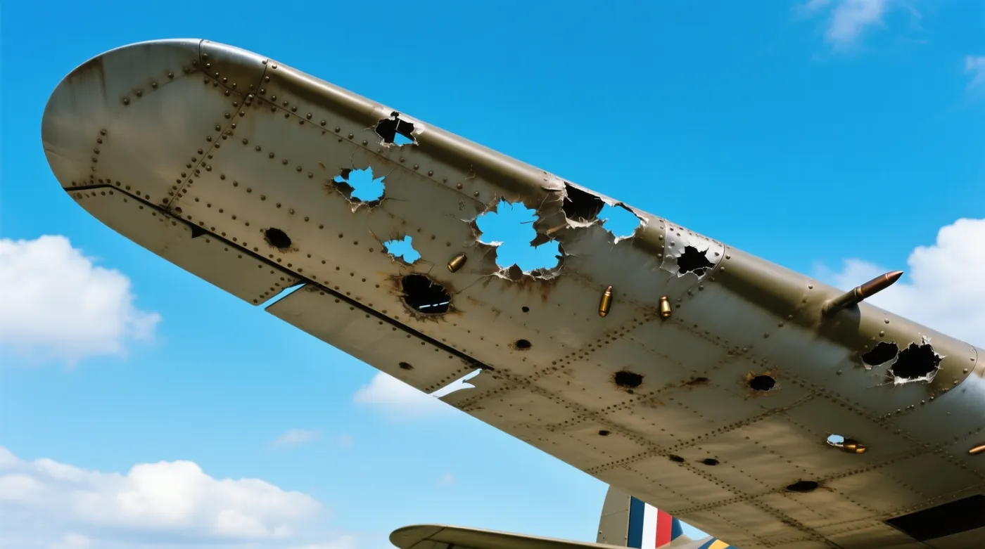 El ala de un avión antiguo agujereada por impactos de bala, contra un cielo azul