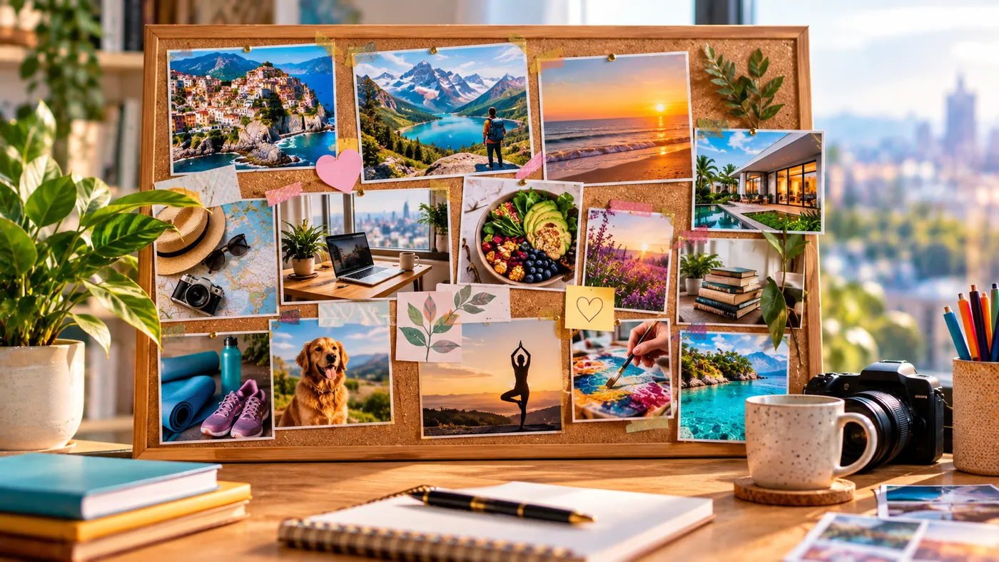 Un tablero de corcho lleno de fotos de viajes, una casa con piscina, comida sana y un perro, sobre un escritorio soleado