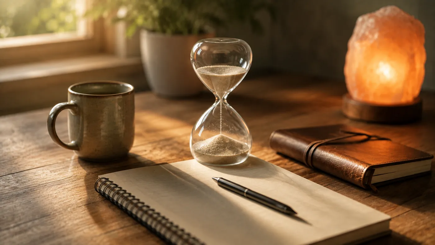 Un reloj de arena sobre una mesa de madera junto a un cuaderno abierto y un bolígrafo