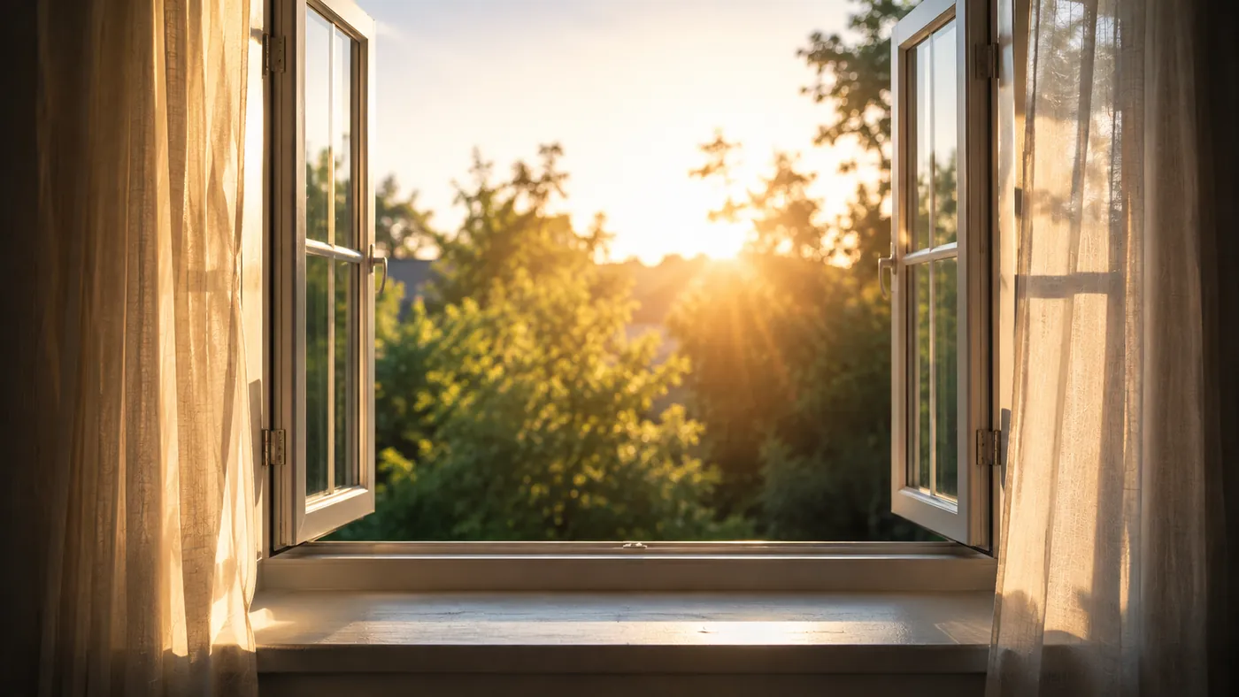 Una ventana de dos hojas abierta de par en par al amanecer, con los árboles al sol