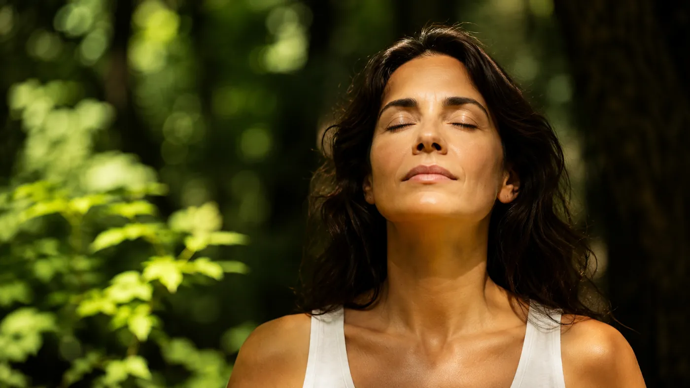 Una mujer con los ojos cerrados y el rostro sereno, respirando en un jardín verde lleno de luz