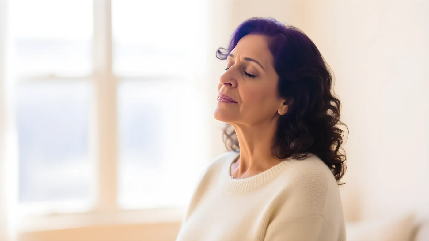 Una persona con los ojos cerrados respirando en calma junto a una ventana luminosa