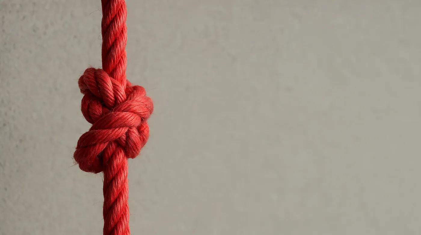 Un nudo apretado en una cuerda roja gruesa sobre un fondo claro