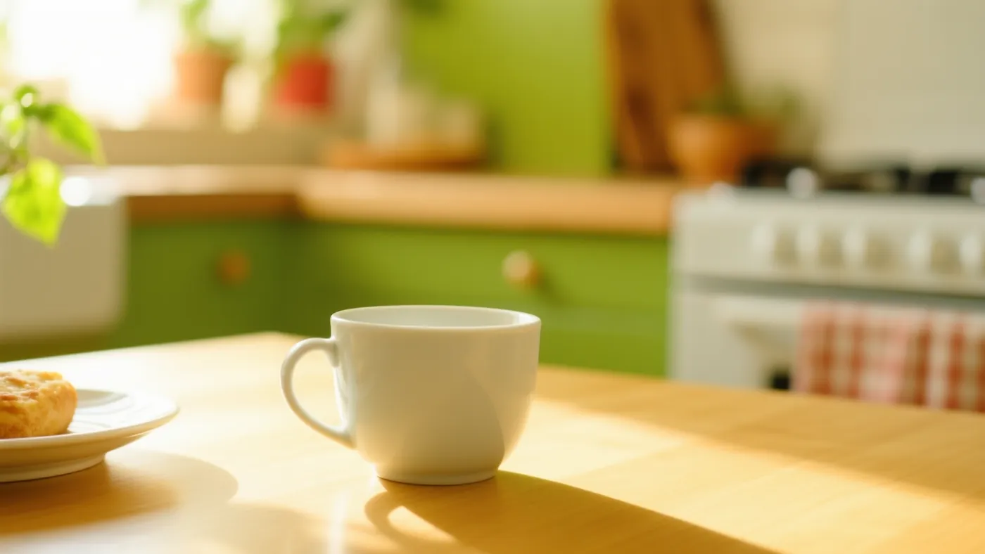 Una taza blanca de café sobre la mesa de una cocina soleada, con plantas al fondo