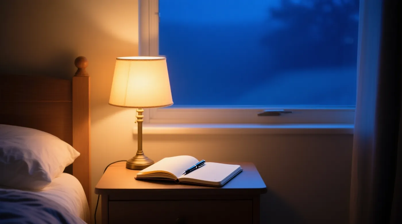 Una libreta abierta con un bolígrafo sobre la mesa de noche, junto a una lámpara encendida y la ventana en penumbra