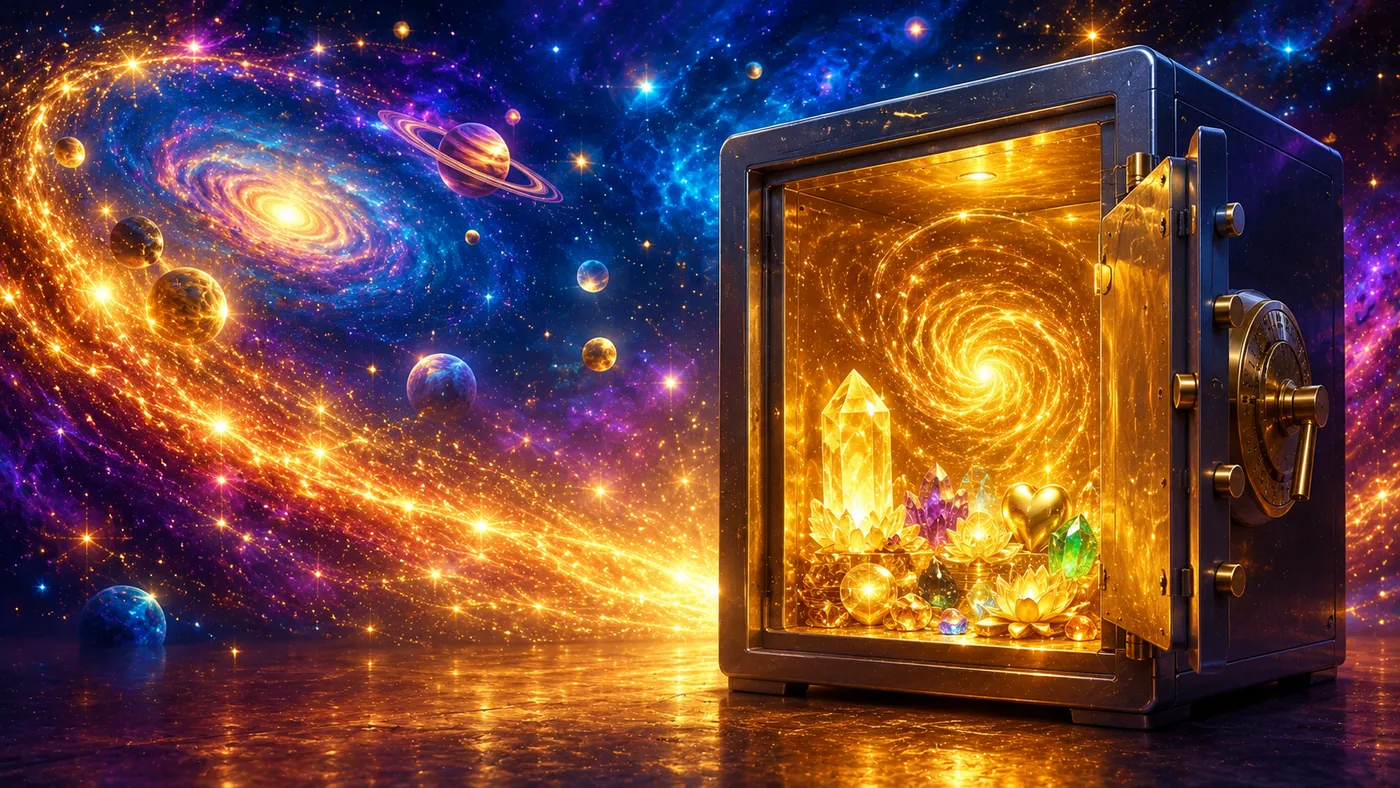Una caja fuerte abierta que guarda un cosmos dorado y cristales luminosos, frente a una galaxia en espiral