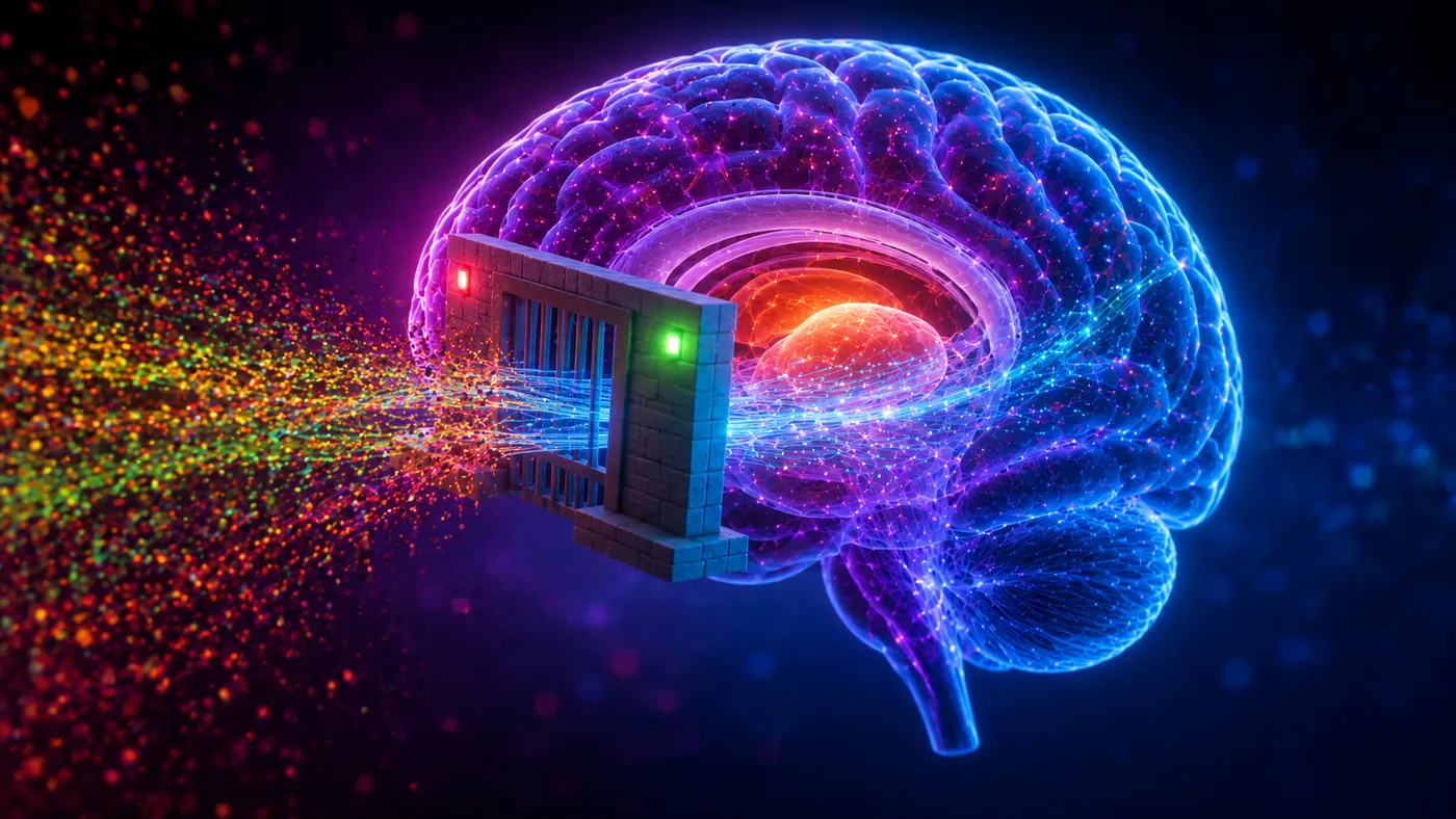Un cerebro luminoso con una puerta en la entrada que deja pasar solo una parte de los datos que llegan