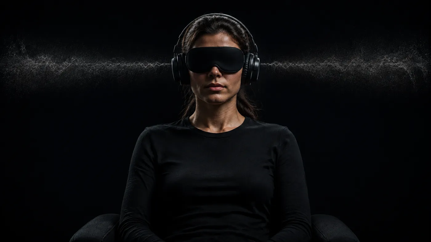 Una mujer con antifaz y auriculares en un fondo oscuro, desconectada de los estímulos de fuera