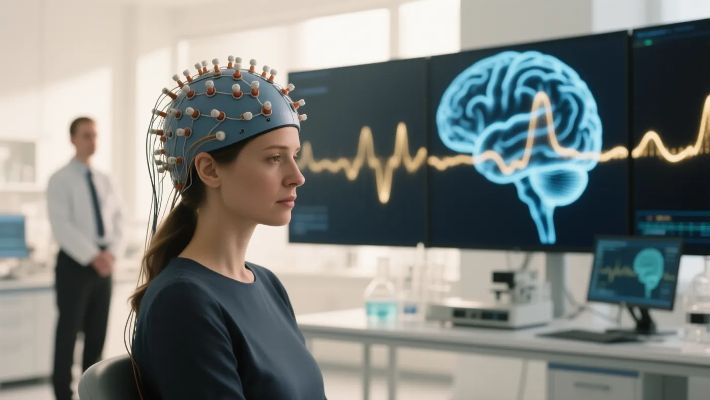 Una mujer con un gorro de electrodos en un laboratorio, frente a pantallas con un cerebro y el trazo de sus ondas