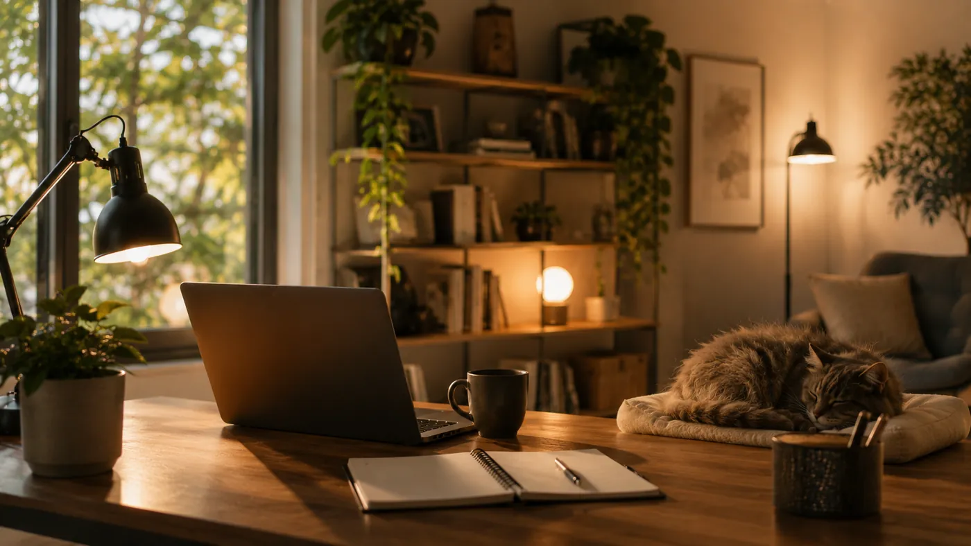 Un escritorio con portátil, cuaderno abierto y una taza, con un gato dormido y luz cálida de ventana