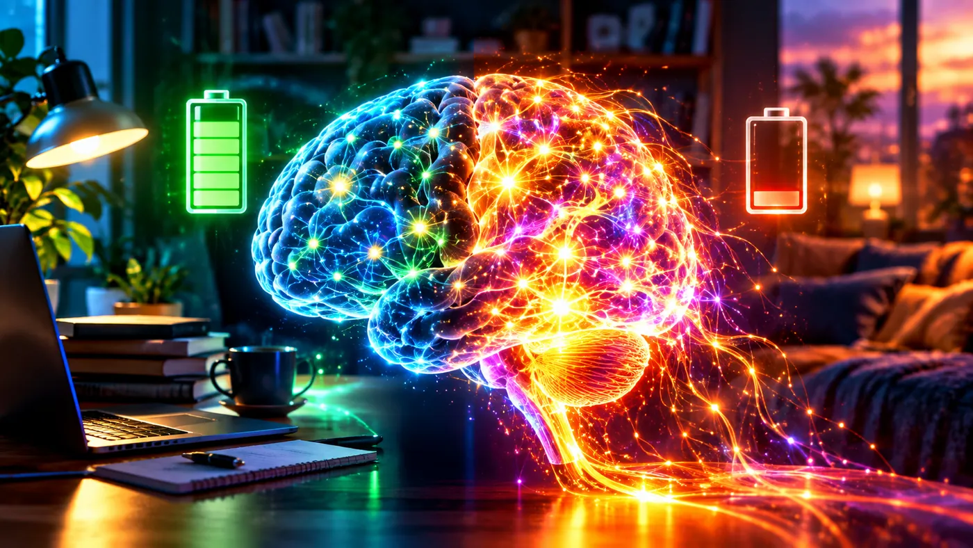 Un cerebro de luz partido entre una mitad de enfoque, junto a un escritorio, y otra de descanso