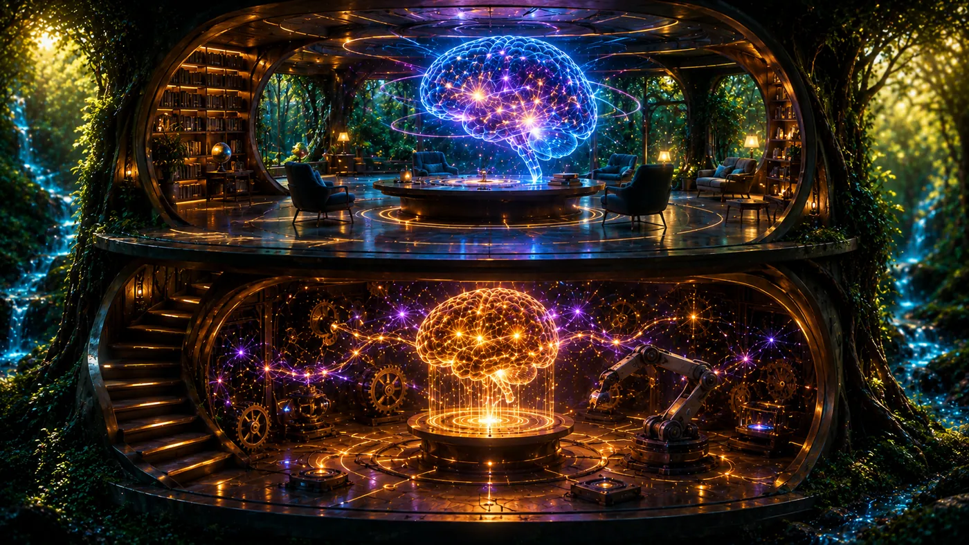 Un cerebro de dos pisos: arriba una sala luminosa donde se entiende, abajo una sala de engranajes donde se ejecuta el patrón
