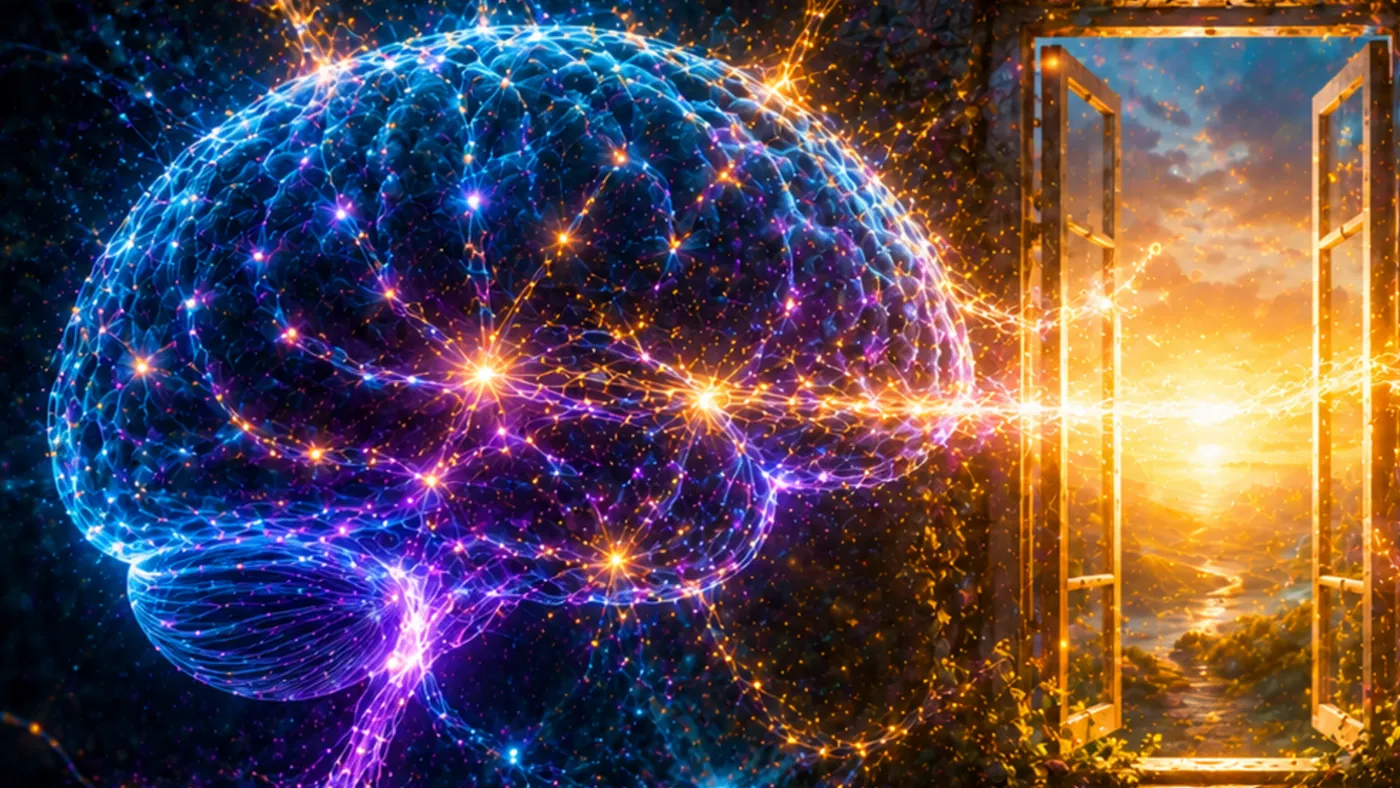 Un cerebro de luz frente a una ventana abierta al amanecer: la ventana de reconsolidación