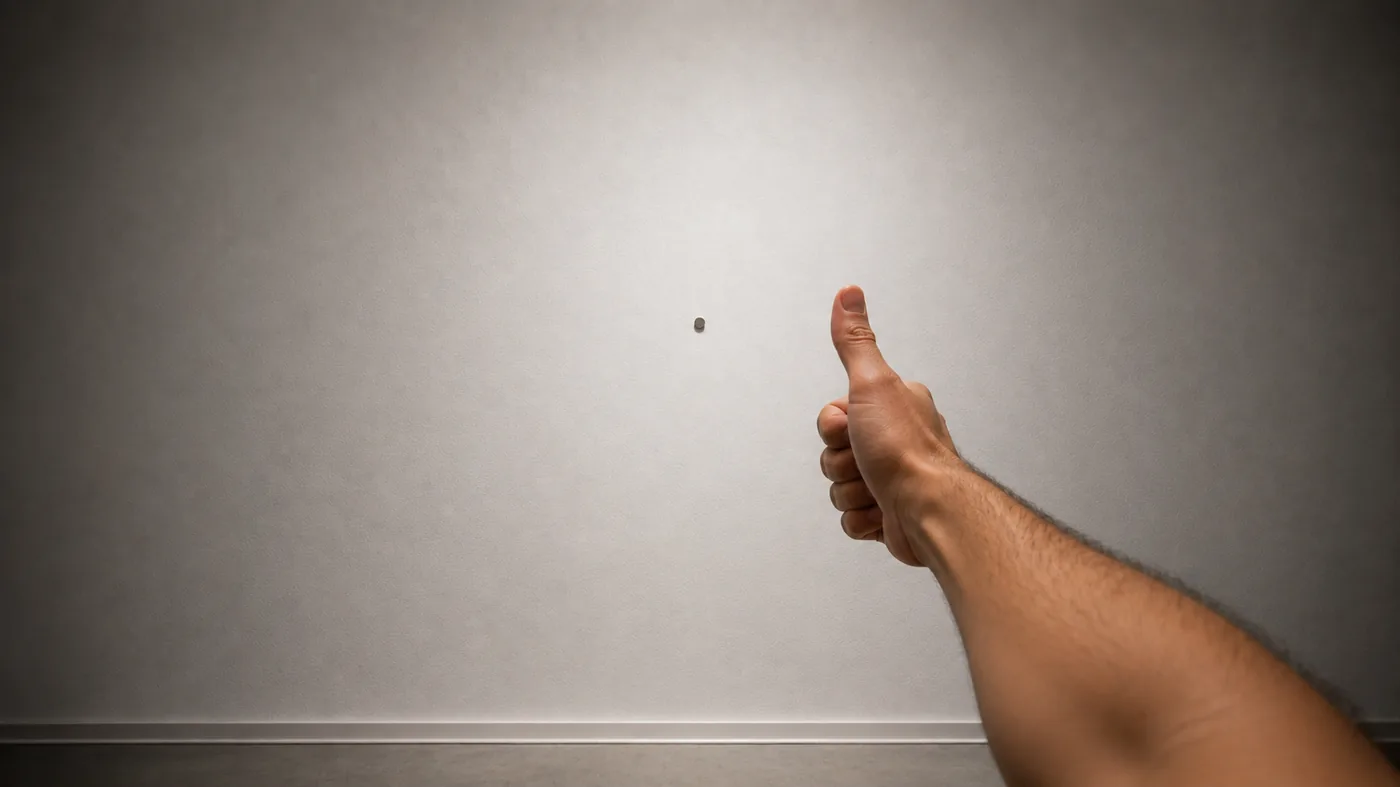 Una mano con el pulgar levantado frente a una pared con un punto pequeño