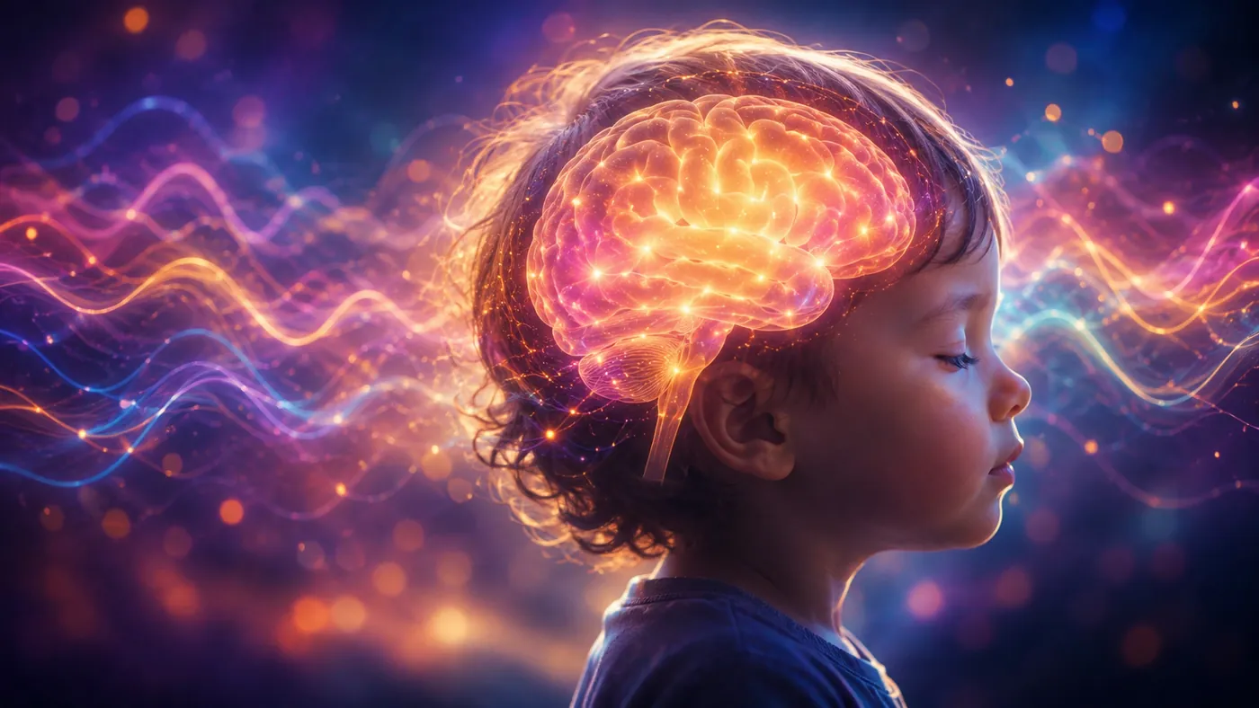 La cabeza de un niño pequeño con el cerebro iluminado, rodeado de ondas lentas de colores