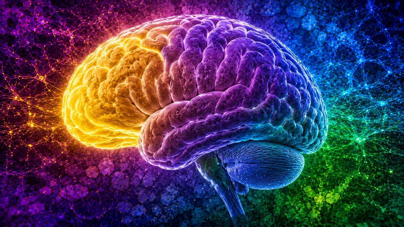 Un cerebro iluminado en dorado y violeta, con la parte frontal encendida