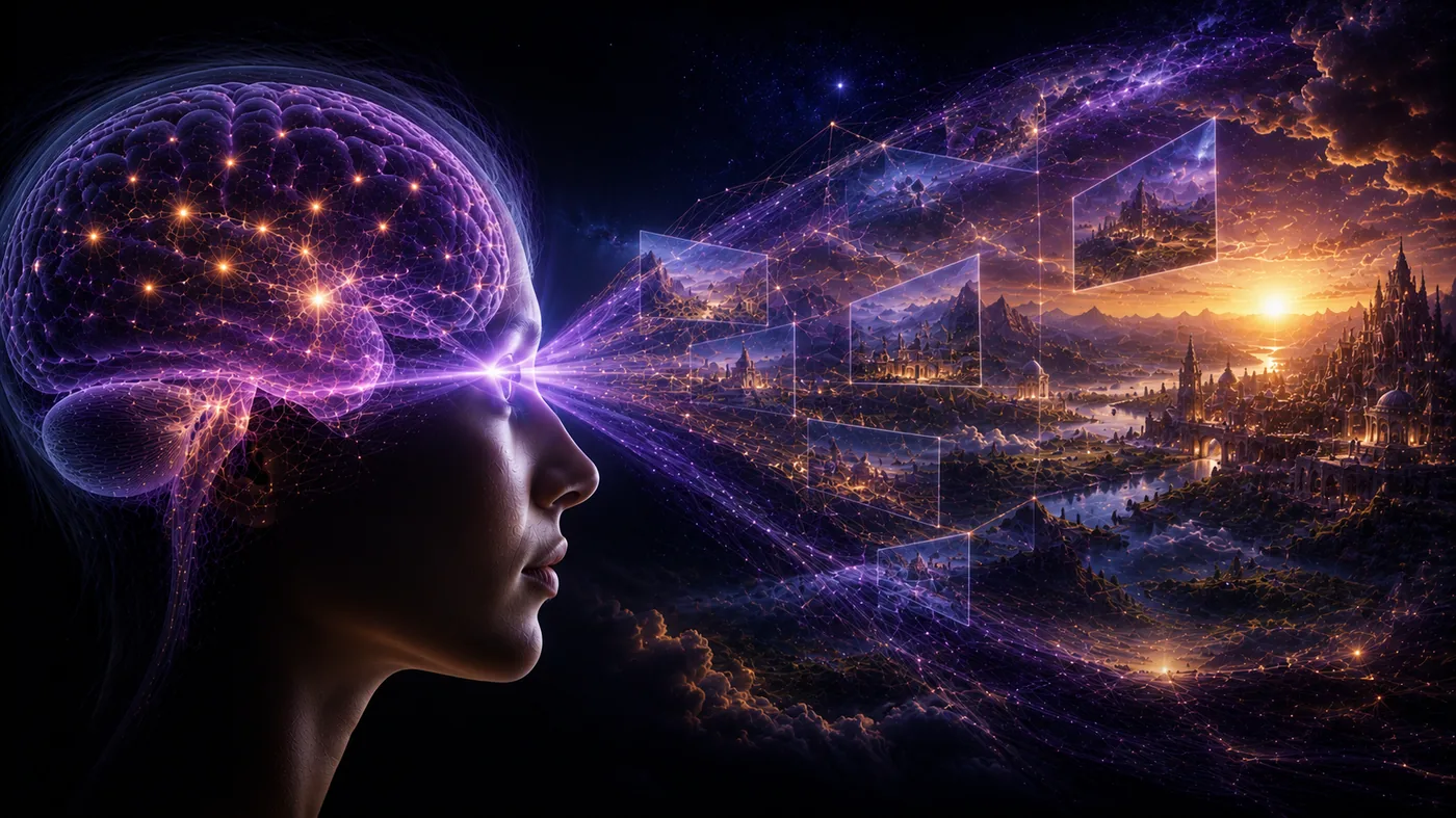 Un cerebro luminoso proyectando el mundo que espera encontrar
